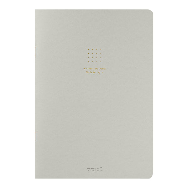 Midori Soft Color A5 Dot Grid Notebook with Colored Paper showing grey cover with gold foil stamped design