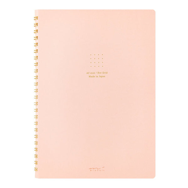 Midori Soft Color A5 Dot Grid Ring Notebook with Colored Paper-Pink front cover with gold double loop rings and gold foil emboss