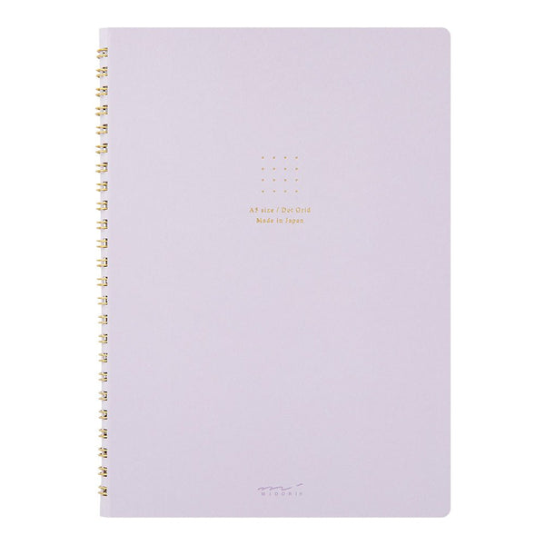 Midori Soft Color A5 Dot Grid Ring Notebook with Colored Paper-Purple front cover with gold double loop rings and gold foil emboss