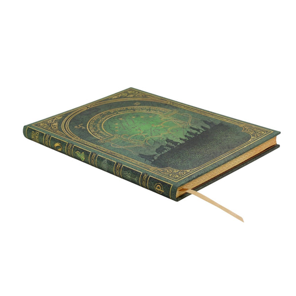 Paperblanks The Lord of the Rings Ultra hardcover journal Decorative Power Of Fellowship green and gold design showing front cover and decorative endpaper