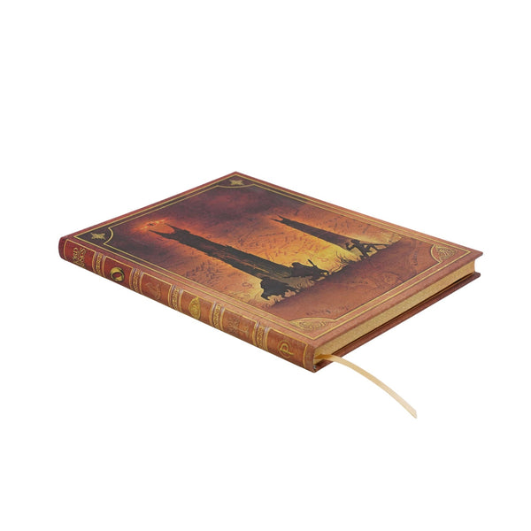 Paperblanks The Lord of the Rings Ultra hardcover journal. Decorative The Quest Continues orange and gold design. Showing front cover and paper edge printing