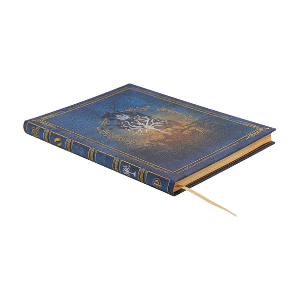 Paperblanks The Lord of the Rings Ultra hardcover journal. Decorative The Crown Reclaimed blue and gold design. Showing front cover and paper edge printing
