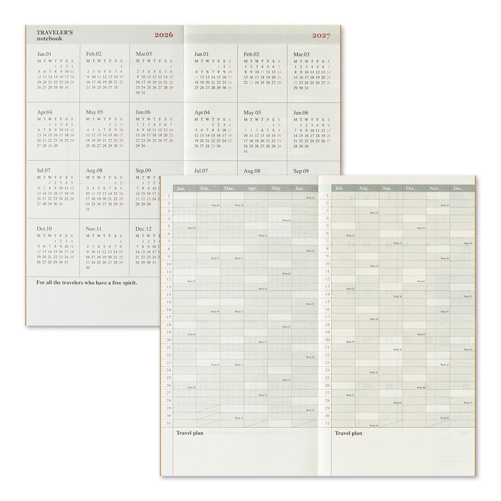 TRAVELER'S notebook Regular size insert 2026 Monthly planner. showing 2026 and 2027 calendar page spread and travel planner spreads.