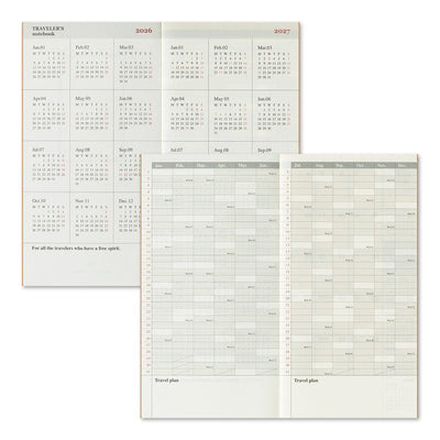 TRAVELER'S notebook Regular size insert 2026 Monthly planner. showing 2026 and 2027 calendar page spread and travel planner spreads.
