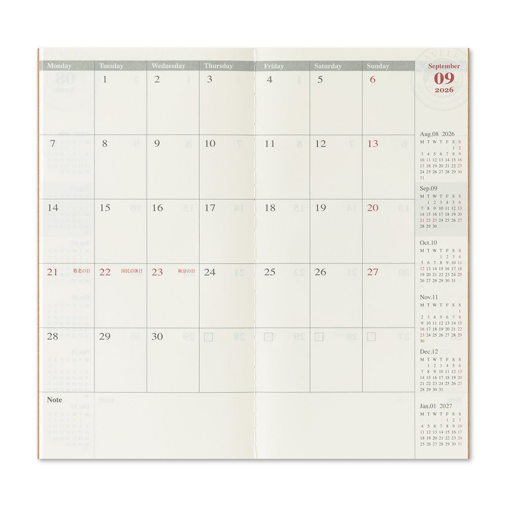 TRAVELER'S notebook Regular size insert 2026 Monthly planner. Showing Monthly block layout over two pages