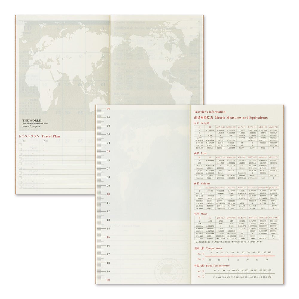 TRAVELER'S notebook Regular size insert 2026 Monthly planner. Showing world map page spread and page spread showing ruler and weights and measures
