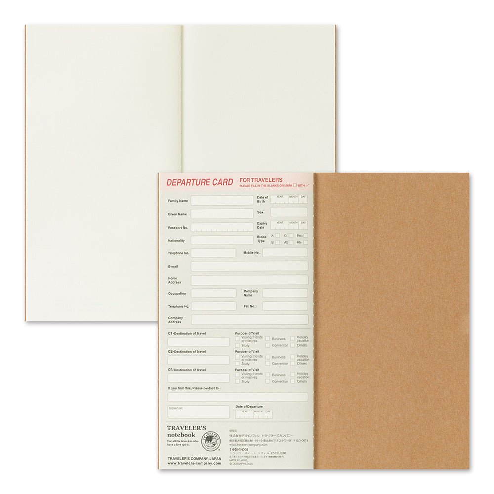 TRAVELER'S notebook Regular size insert 2026 Monthly planner. showing blank pages for notes and a TRAVELER'S notebook Departure Card