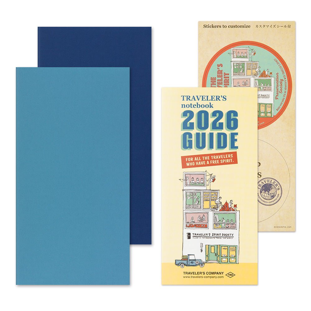 TRAVELER'S notebook Regular size insert 2026 Weekly memo planner with horizontal layout. Showing outside covers and TRAVELER'S notebook 2026 Guide and sticker set