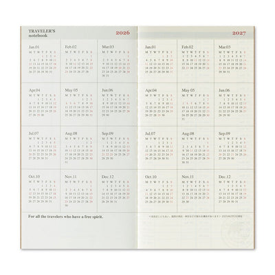 TRAVELER'S notebook regular size insert 2026 Weekly memo planner with horizontal layout. Showing Calendar for 2026 and 2027 over a two page spread