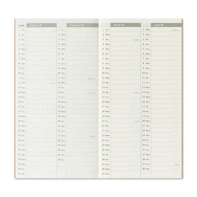 TRAVELER'S notebook Regular size insert 2026 Weekly memo planner with horizontal layout. Showing two page spread of yearly planning pages