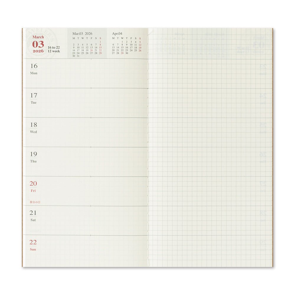 TRAVELER'S notebook Regular size insert 2026 Weekly memo planner with horizontal layout. Showing two page weekly spread