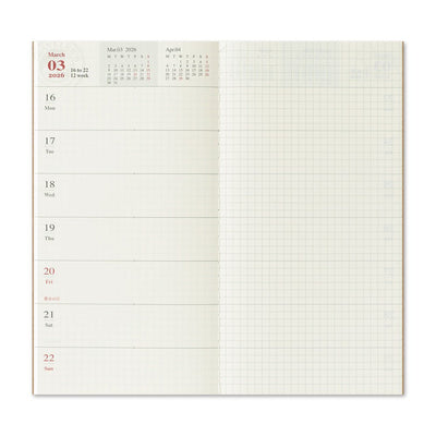 TRAVELER'S notebook Regular size insert 2026 Weekly memo planner with horizontal layout. Showing two page weekly spread