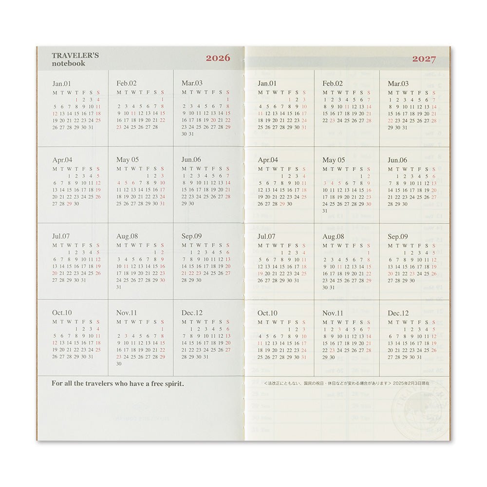 TRAVELER'S notebook Regular size insert 2026 Weekly planner with vertical layout. Showing two page spread of 2026 and 2027 early calendar