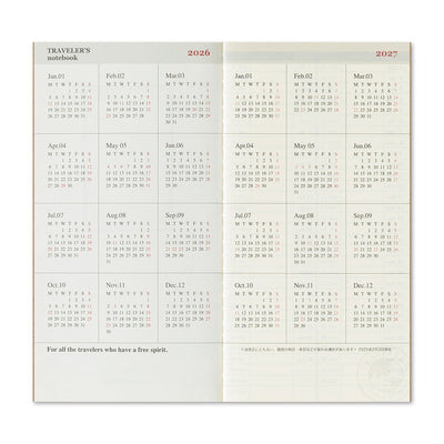 TRAVELER'S notebook Regular size insert 2026 Weekly planner with vertical layout. Showing two page spread of 2026 and 2027 early calendar