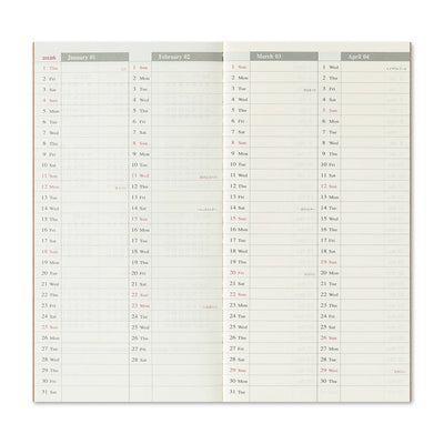 TRAVELER'S notebook Regular size insert 2026 Weekly planner with vertical layout. Showing yearly planning pages
