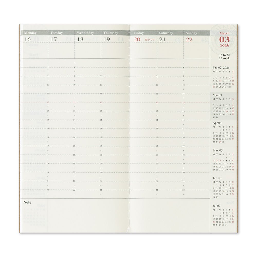 TRAVELER'S notebook Regular size insert 2026 Weekly planner with vertical layout. Showing the weekly vertical layout over two pages