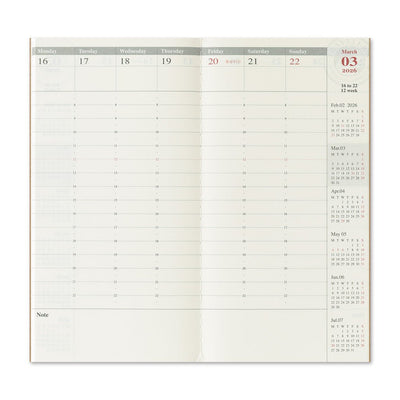 TRAVELER'S notebook Regular size insert 2026 Weekly planner with vertical layout. Showing the weekly vertical layout over two pages