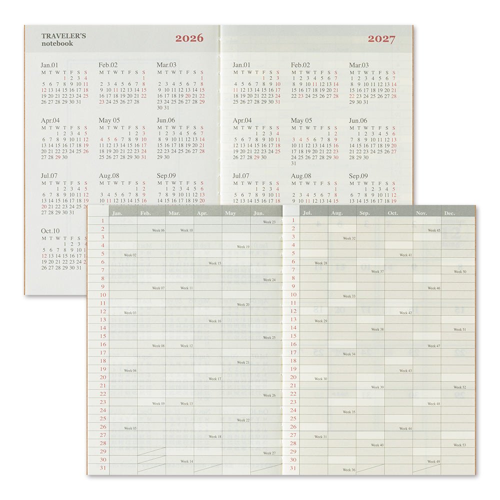TRAVELER'S notebook Passport Size 2026 Monthly Planner insert. Showing planner 2026 and 2027 yearly calendar 2 page spread and yearly planning two page spread.