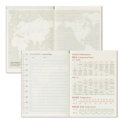TRAVELER'S notebook Passport Size 2026 Monthly Planner insert. Showing 2 page spread with world map and 2 page spread showing 2 age spread with weights and measures and travel planner.