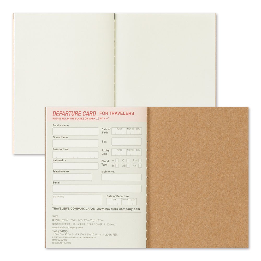 TRAVELER'S notebook Passport Size 2026 Monthly Planner insert. Showing blank note pages and TRAVELER'S notebook Departure Card