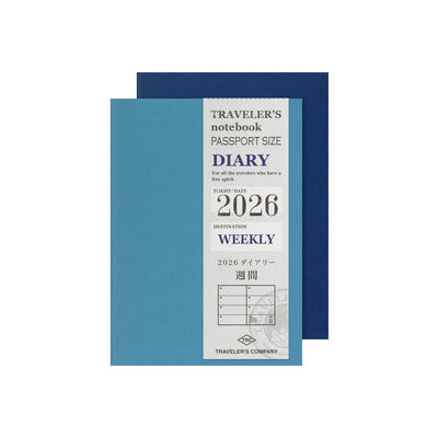 Blue TRAVELER'S notebook passport size 2026 planner with horizontal week over two pages ayout
