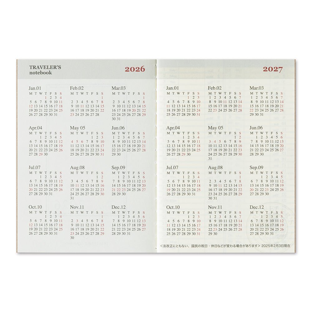 TRAVELER'S notebook passport size 2026 planner with horizontal week over two pages layout. Showing the 2026 and 2027 yearly calendar in a 2 page spread