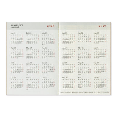 TRAVELER'S notebook passport size 2026 planner with horizontal week over two pages layout. Showing the 2026 and 2027 yearly calendar in a 2 page spread
