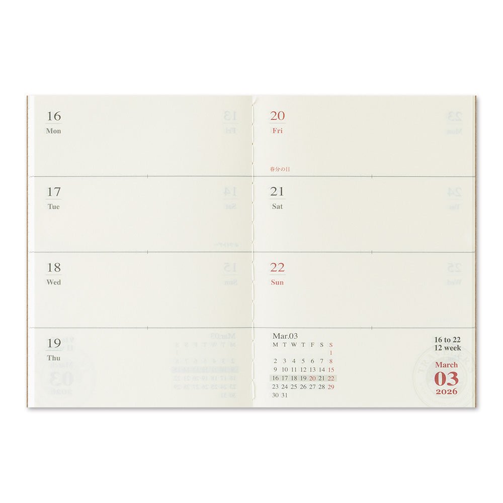 TRAVELER'S notebook passport size 2026 planner showing the horizontal week over two pages layout