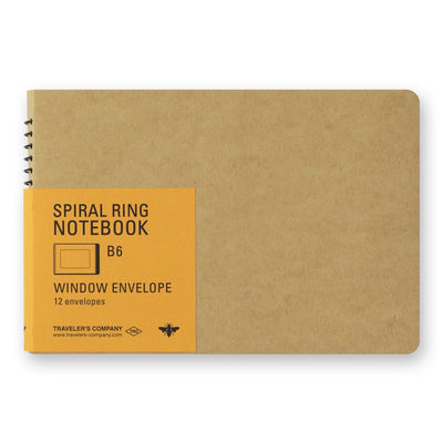 TRAVELER'S SPIRAL RING NOTEBOOK B6 ring-bound window envelopes with yellow retail label on a white background