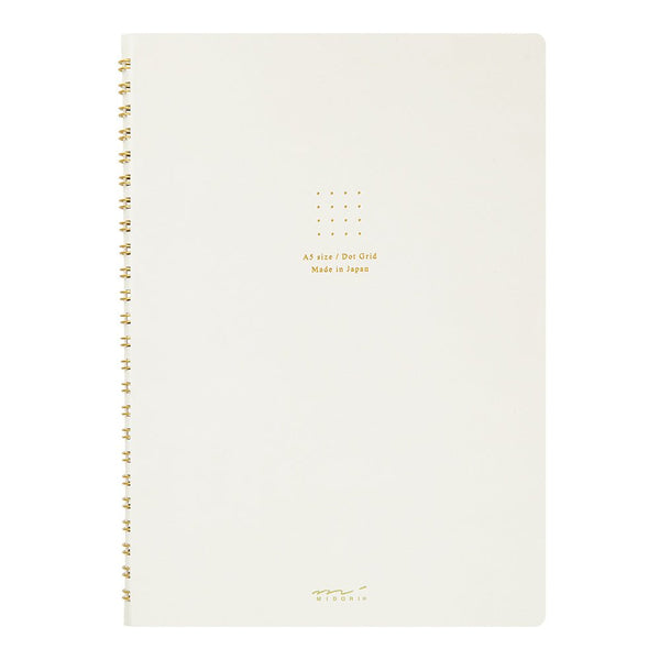 Midori Soft Color A5 Dot Grid Ring Notebook with Colored Paper-White front cover with gold double loop rings and gold foil emboss