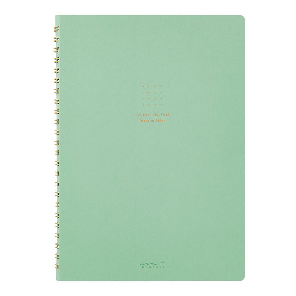 Midori Soft Color A5 Dot Grid Ring Notebook with Colored Paper-Green front cover with gold double loop rings and gold foil emboss