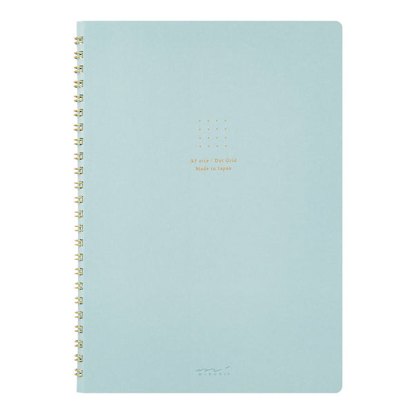 Midori Soft Color A5 Dot Grid Ring Notebook with Colored Paper-Blue front cover with gold double loop rings and gold foil emboss