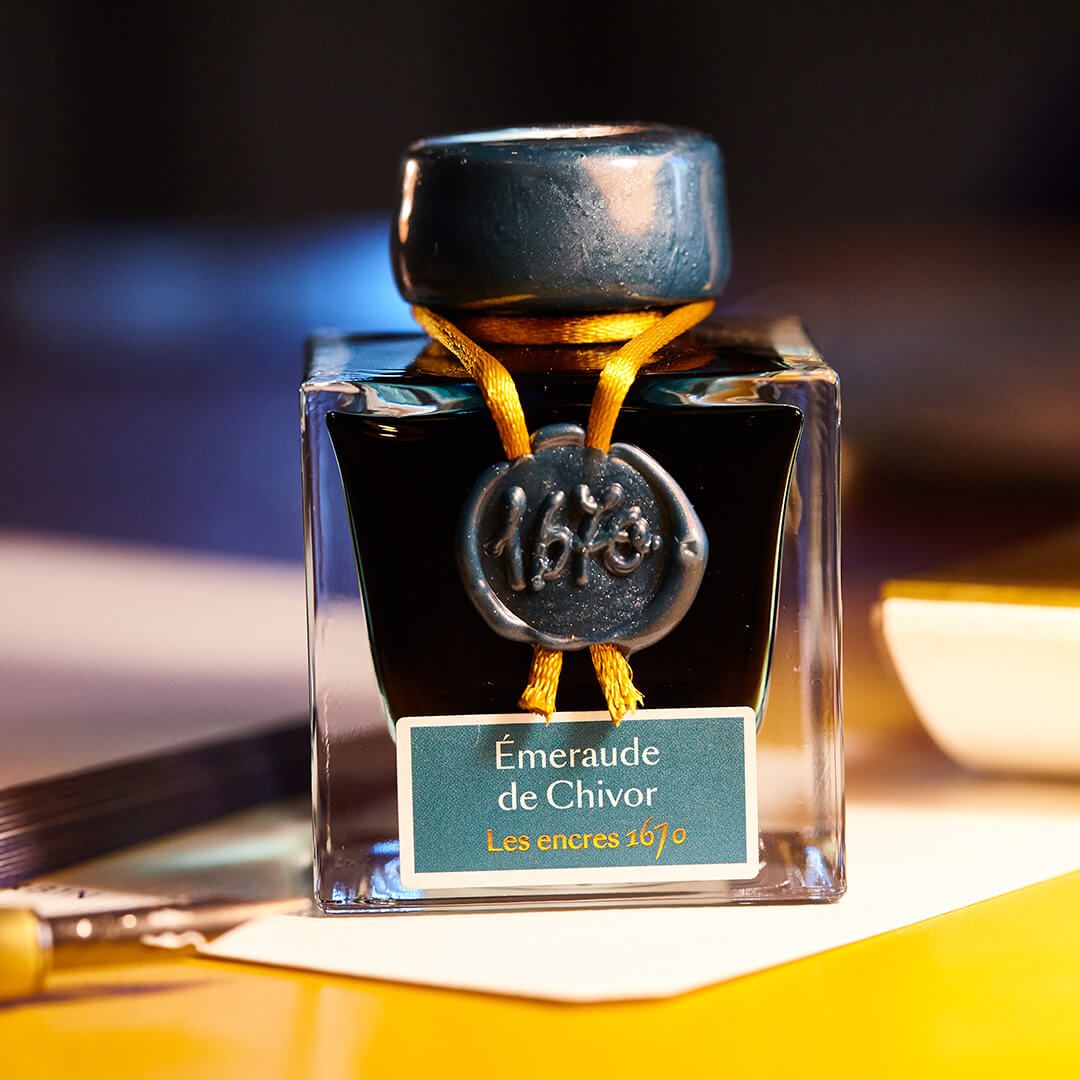 Jacques Herbin 1670 Bottled Ink with Gold Shimmer Color Chivor Emerald 50ml