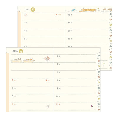 Midori Sayo Koizumi A6 Cat Monthly-Weekly 2026 Pocket Planner