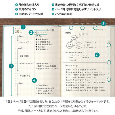 Midori Hibino A6 2026 Daily Planner Blue-Green Two Pages a Day