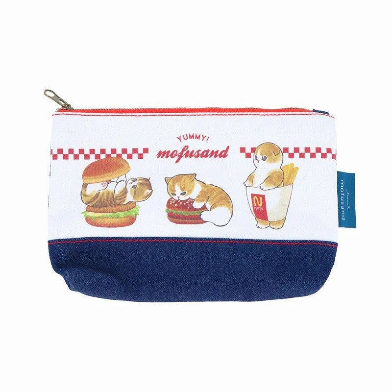 Flat Zipper Pouch Mofusand and Hamburger and Fries Denim