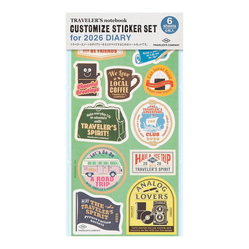 Pack of TRAVELER'S notebook customize sticker set for 2026 diary with various designs on a white background.