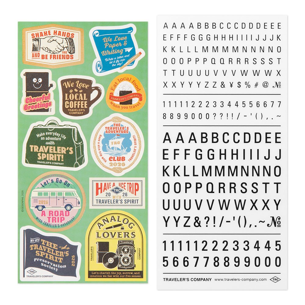 Collection of vintage-style TRAVELER'S notebook stickers and a set of letters and numbers dry transfer stickers