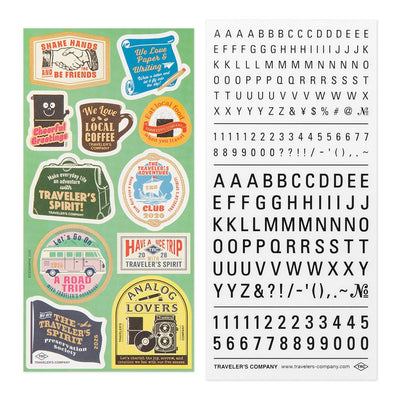 Collection of vintage-style TRAVELER'S notebook stickers and a set of letters and numbers dry transfer stickers