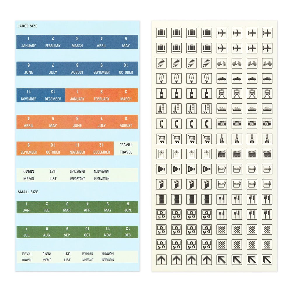 TRAVELER'S notebook Calendar and organizational page tabs and a sticker sheet with travel icons