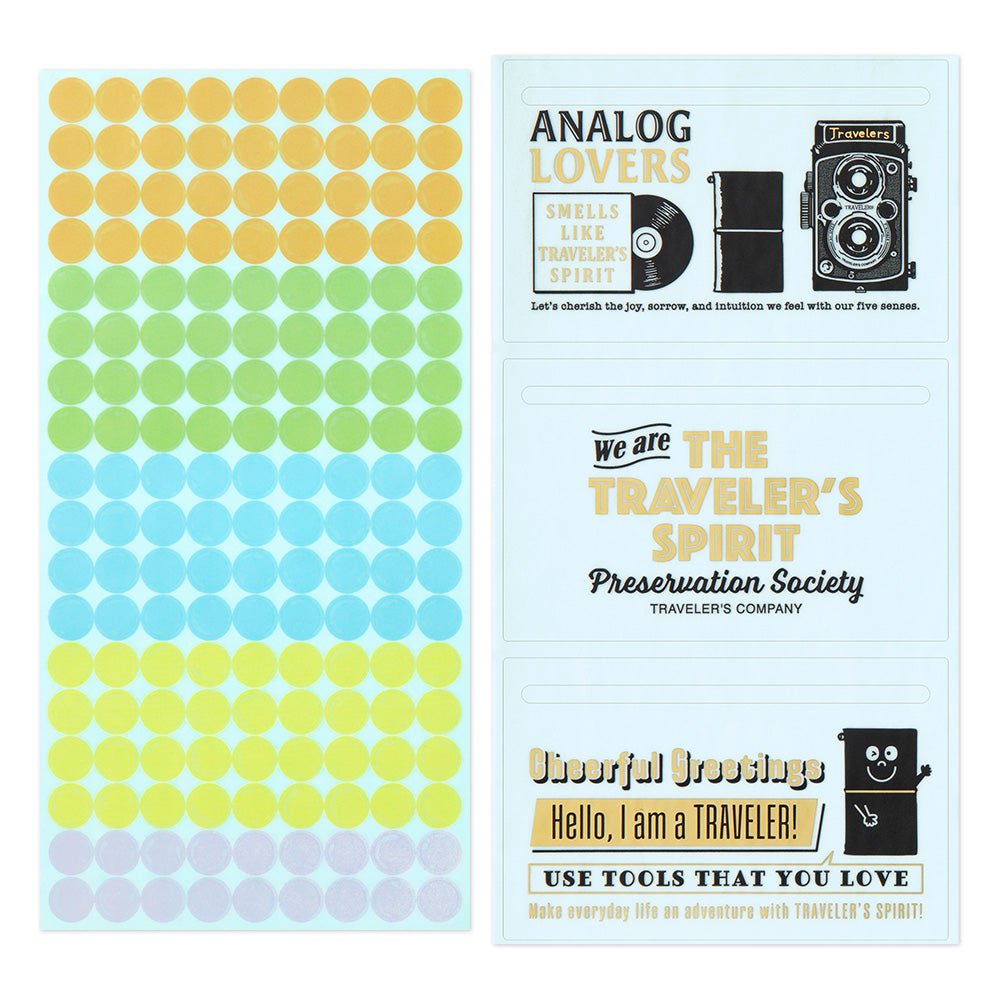 Colorful dot stickers and a sheet with 3 TRAVELER' Spirit Clear background stickers