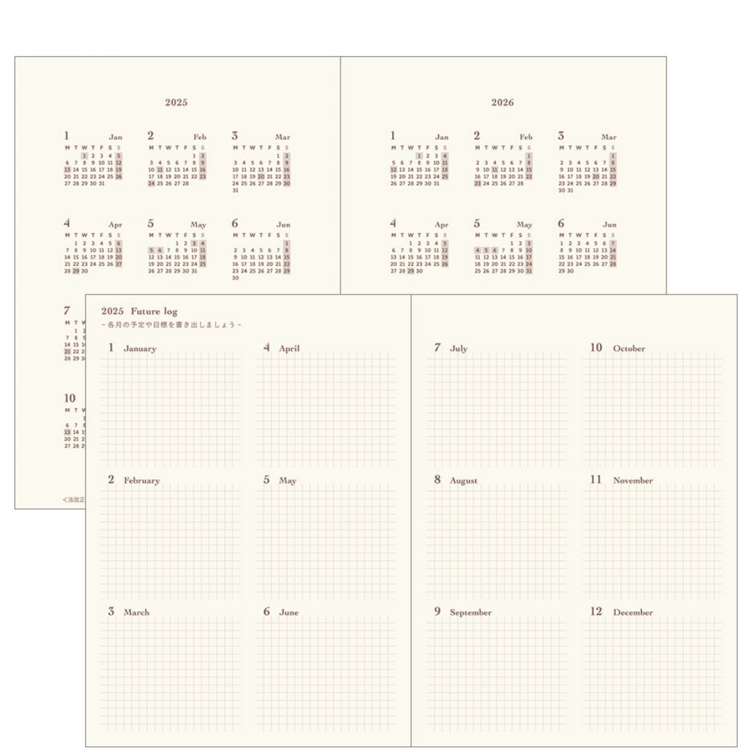 Midori Hibino A6 2025 Daily Planner Camel Two Pages a Day