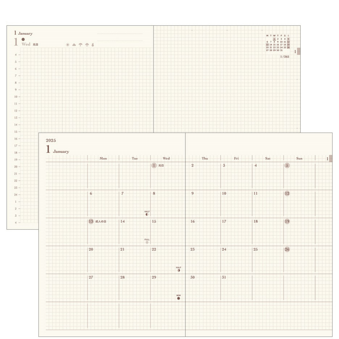 Midori Hibino A6 2025 Daily Planner Camel Two Pages a Day