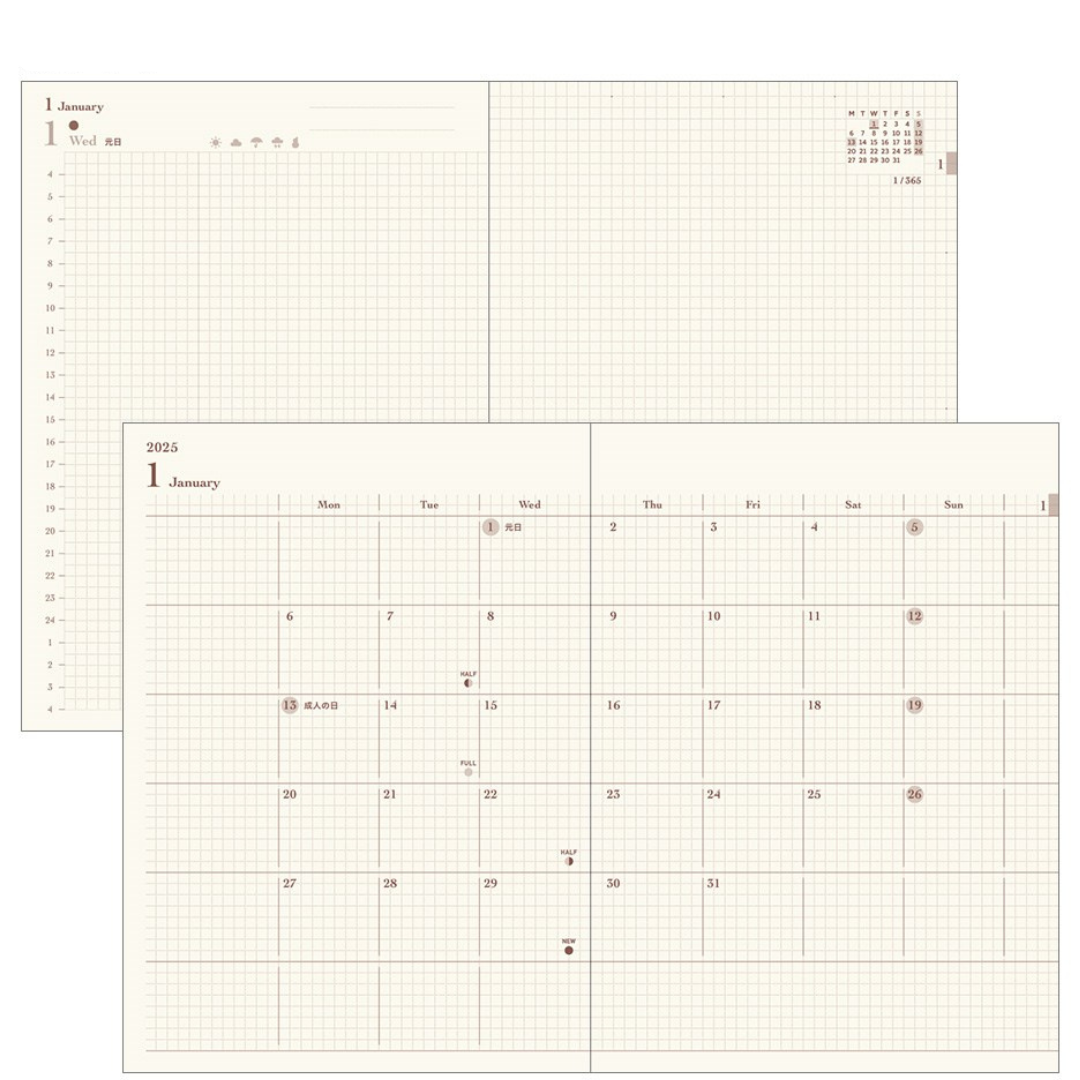 Midori Hibino A6 2025 Daily Planner Camel Two Pages a Day