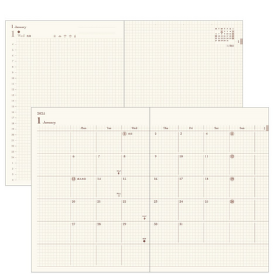 Midori Hibino A6 2025 Daily Planner Camel Two Pages a Day