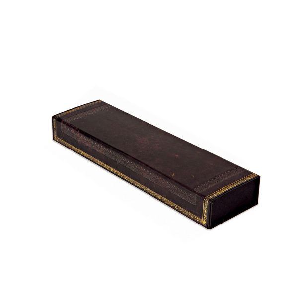 A black Moroccan style Paperblanks pencil case with a magnetic lid, embossed hard cardstock material, shown closed and lying flat.
