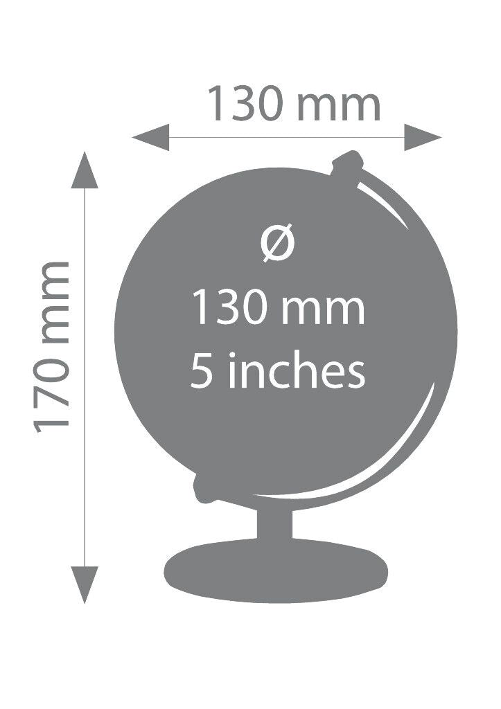 Measurement chart showing a globe with dimensions of 130 mm and 5 inches.