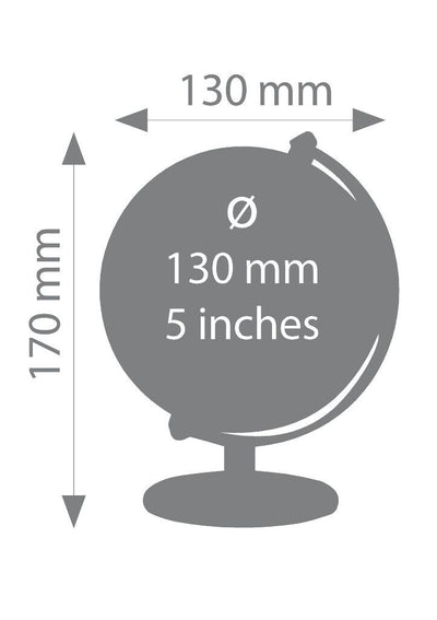 Measurement chart showing a globe with dimensions of 130 mm and 5 inches.