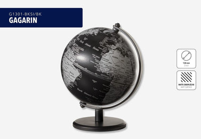Troika 5 inch black and silver globe with product name 'GAGARIN' on a white background 
