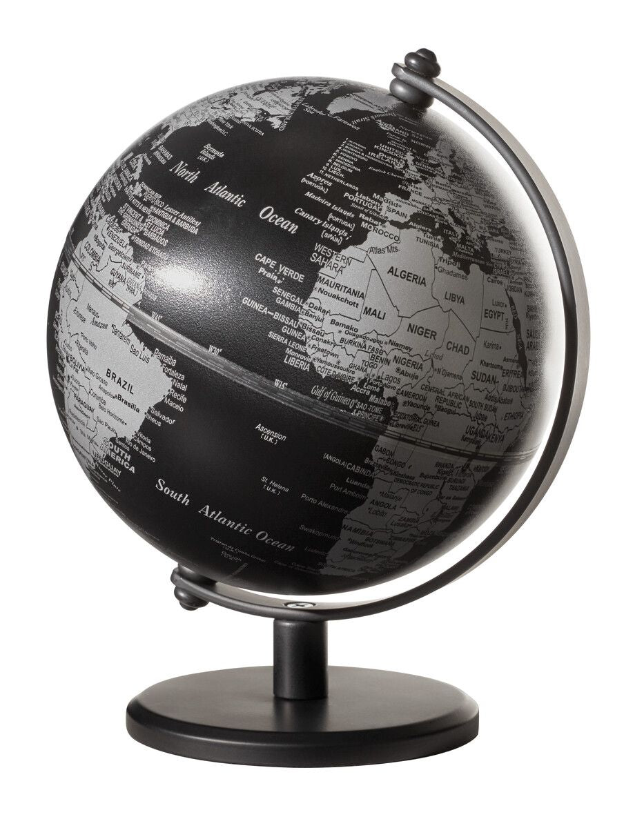 5 inch Troika black and silver globe on a black base on white background